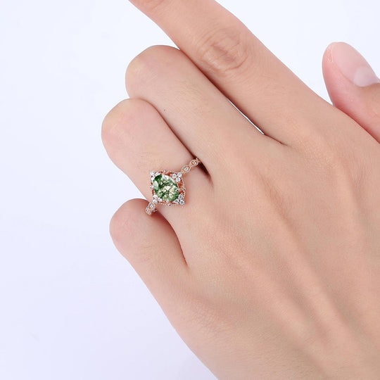 Dainty Oval Cut Moss Agate Engagement Cluster Ring Anniversary Bridal Ring Gift - Esdomera