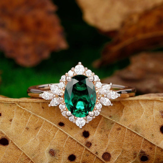 dainty oval shaped 6x8mm emerald engagement ring brilliant halo moissanite ring - Esdomera