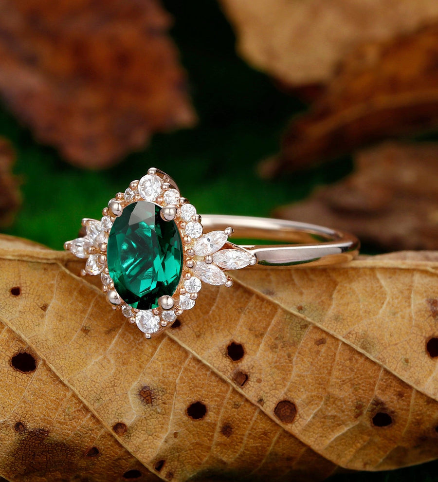 dainty oval shaped 6x8mm emerald engagement ring brilliant halo moissanite ring - Esdomera