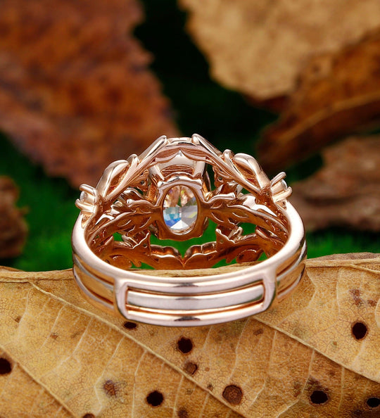 Dainty Oval Shaped Leaf Half Eternity 14k Rose Gold Art Deco Moissanite Engagement Ring - Esdomera