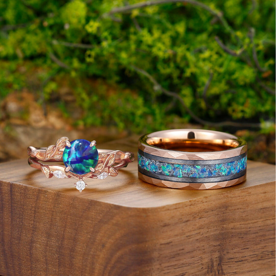 Dainty Peacock Green Opal Foliage Couple Rings Set Oceans Promise Tungsten His And Hers Wedding Rings - Esdomera