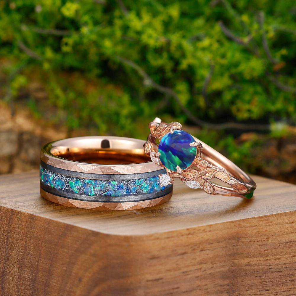 Dainty Peacock Green Opal Foliage Couple Rings Set Oceans Promise Tungsten His And Hers Wedding Rings - Esdomera