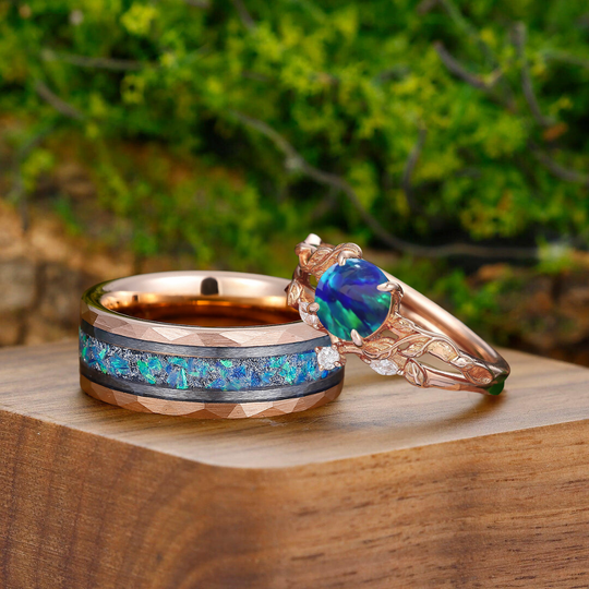 Dainty Peacock Green Opal Foliage Couple Rings Set Oceans Promise Tungsten His And Hers Wedding Rings - Esdomera