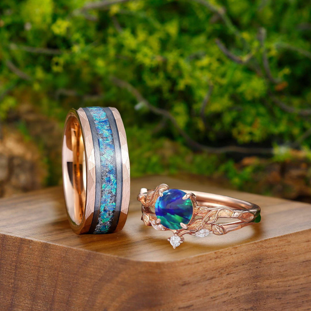 Dainty Peacock Green Opal Foliage Couple Rings Set Oceans Promise Tungsten His And Hers Wedding Rings - Esdomera