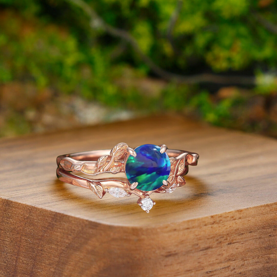 Dainty Peacock Green Opal Foliage Couple Rings Set Oceans Promise Tungsten His And Hers Wedding Rings - Esdomera