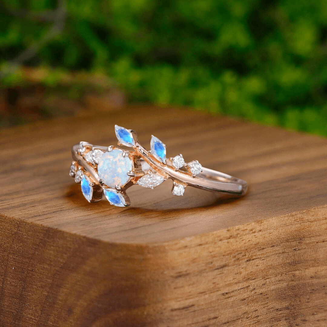 Dainty Pink Opal Leaf Engagement Couples Ring Set Promise Rings