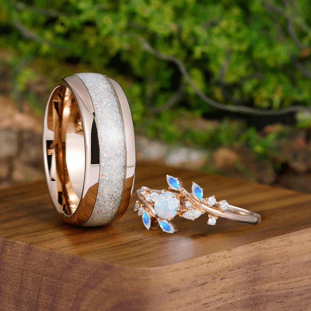 Dainty Pink Opal Leaf Engagement Couples Ring Set Promise Rings