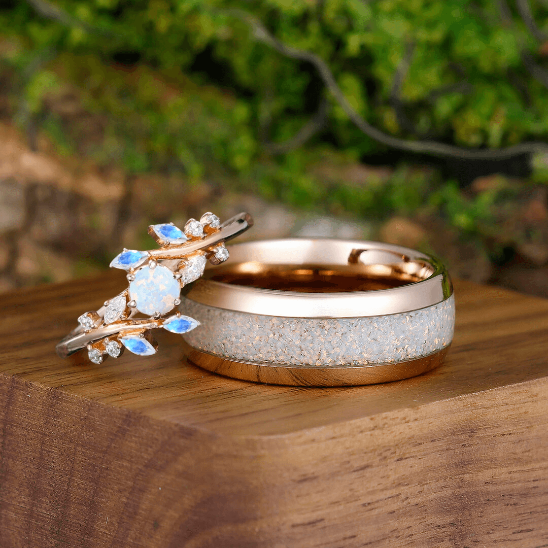 Dainty Pink Opal Leaf Engagement Couples Ring Set Promise Rings His and Hers Wedding Rings -  Esdomera.com