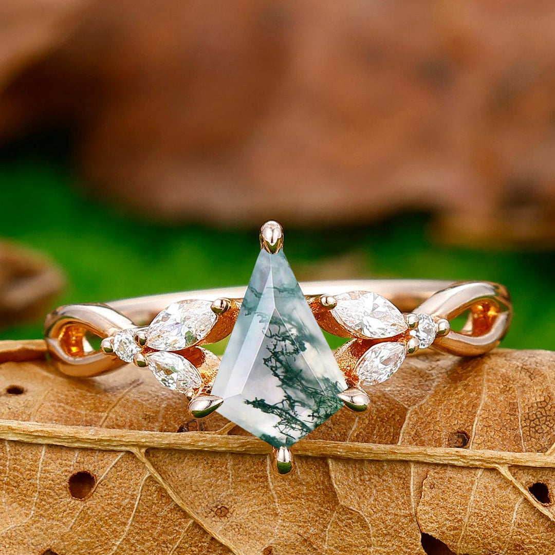 Dainty Prong Setting 1.35 Carat Kite Cut Moss Agate Hollow Ring For Bridal Gift - Esdomera