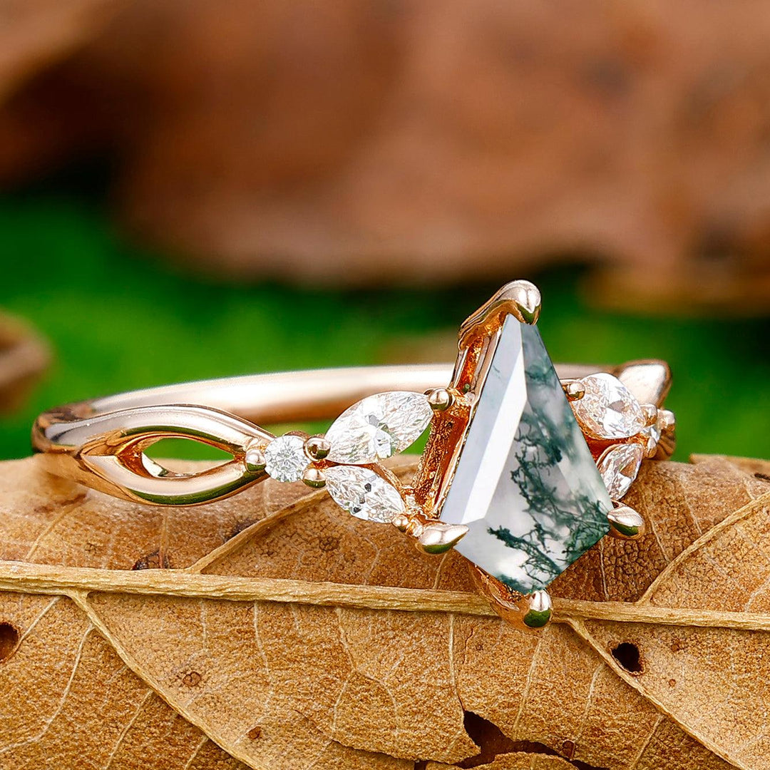 Dainty Prong Setting 1.35 Carat Kite Cut Moss Agate Hollow Ring For Bridal Gift - Esdomera