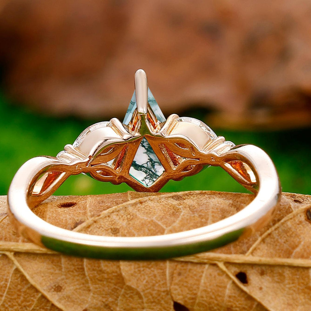 Dainty Prong Setting 1.35 Carat Kite Cut Moss Agate Hollow Ring For Bridal Gift - Esdomera