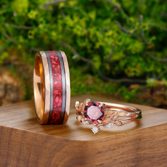 Dainty Red Garnet Vane Engagement Couple Rings Promise Matching Tungsten His And Hers Wedding Ring - Esdomera