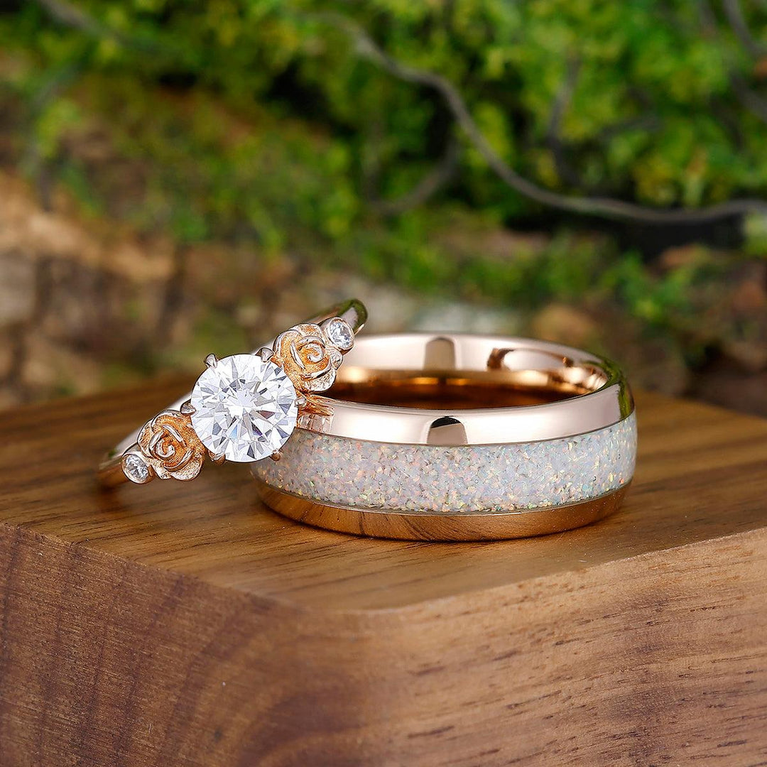 Dainty Rose Round Moissanite Engagement Promise Rings for Couples