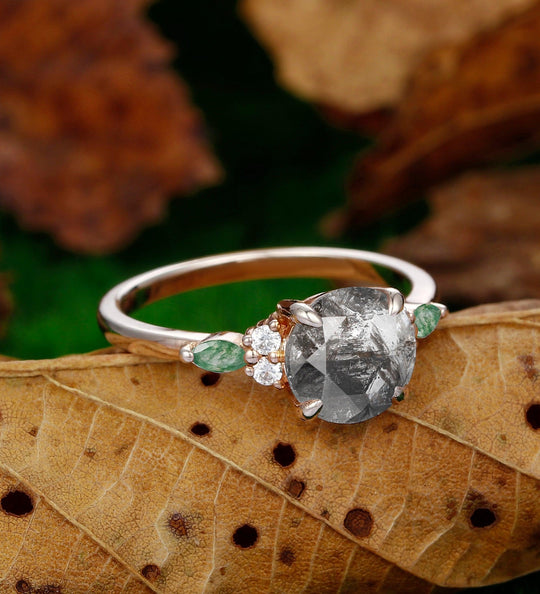 Dainty Round Cut 2CT Herkimer Diamond Rose Gold Unique Moss Agate Wedding Ring - Esdomera