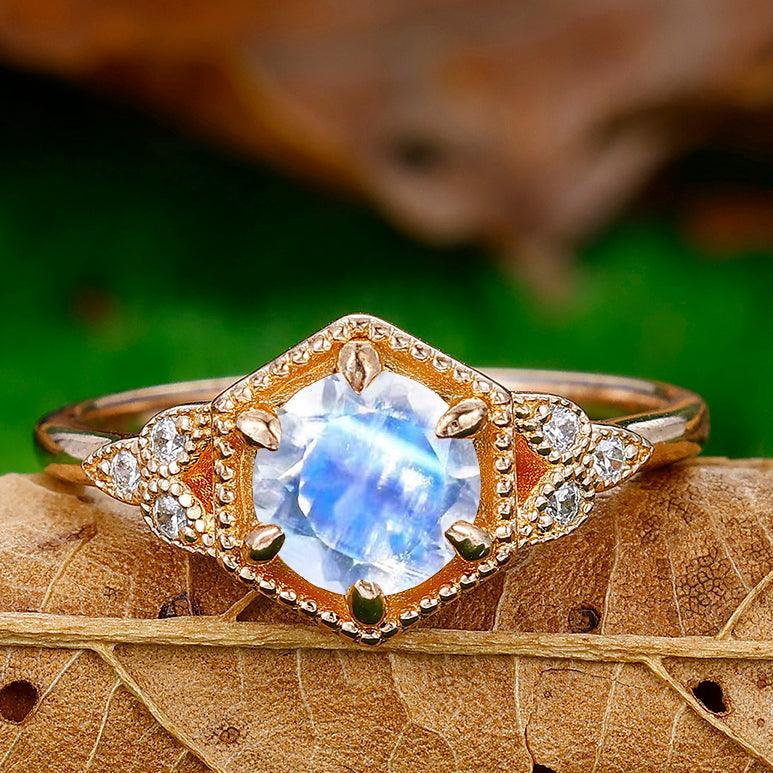 Dainty Round Cut Moonstone Engagement Ring Anniversary Bridal Ring