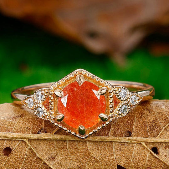 Dainty Round Cut Natural Sunstone Engagement Ring Anniversary Bridal Ring Gift - Esdomera