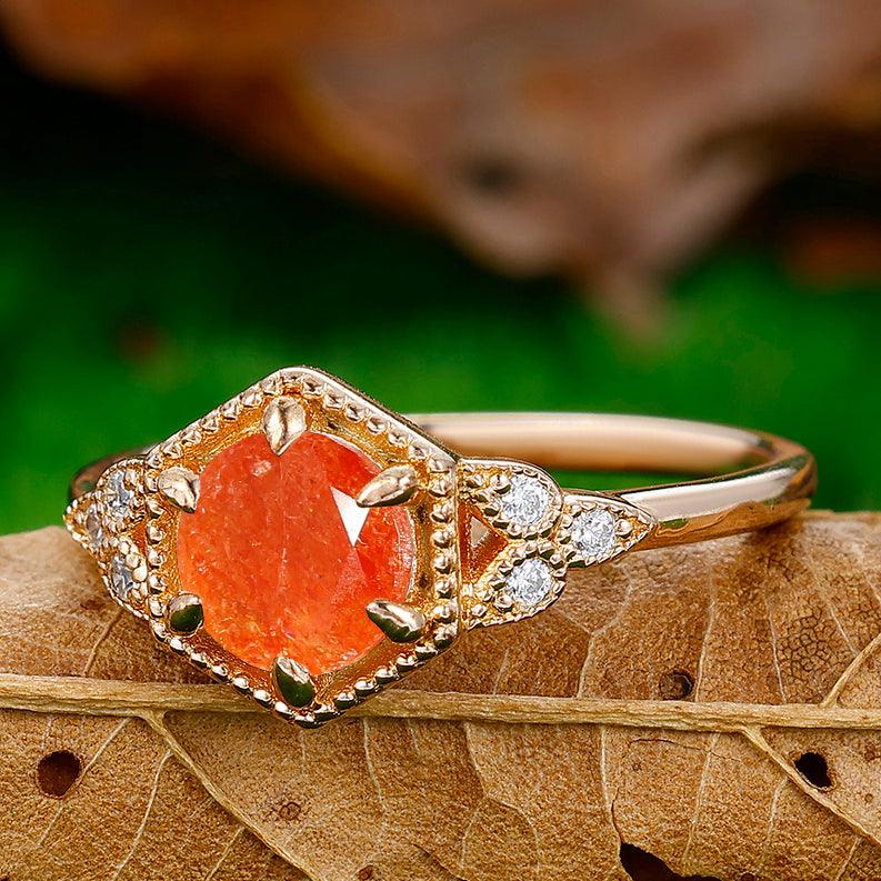 Dainty Round Cut Natural Sunstone Engagement Ring Anniversary Bridal Ring Gift - Esdomera