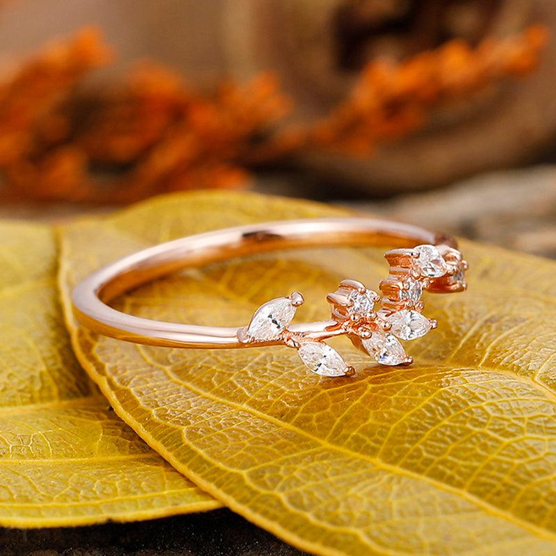 Danituy Diamond curved 14k rose gold leaf design Marquise cut Moissanitemoissanite wedding band - Esdomera