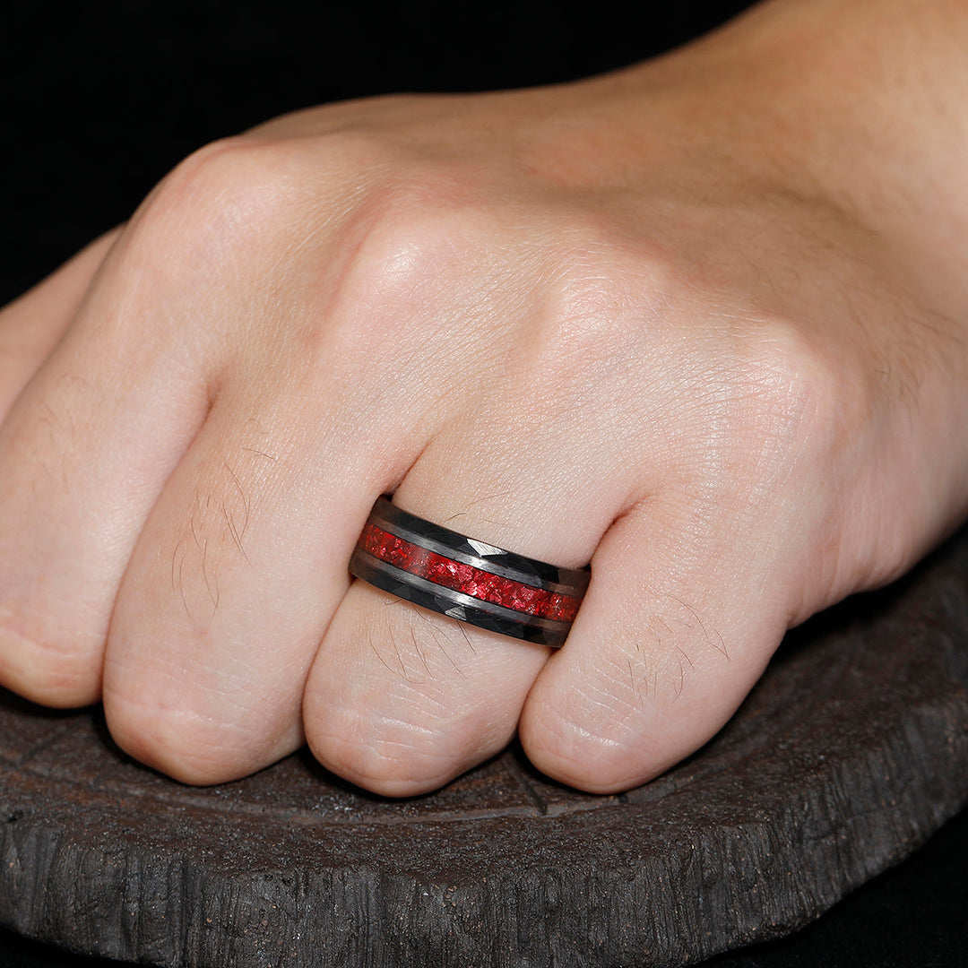 Dazzling Crushed Ruby Tungsten Anniversary Ring Men's 8mm