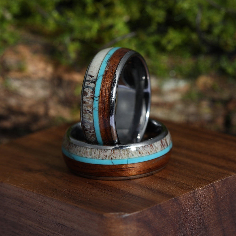 Deer Antler Hawaiian Koa Wood Turquoise Tungsten Wedding Band Tungsten Carbide Ring Men’s Anniversary Ring Unisex Ring Gift - Esdomera