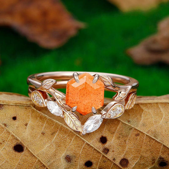 Delicate 1.35 CT Hexagon Cut Art Deco Rose Gold Leaf Nature Orange Sunstone Bridal Ring Set Leaf Design Band - Esdomera