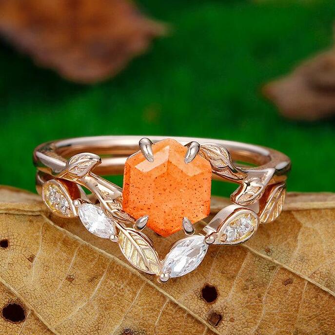 Delicate 1.35 CT Hexagon Cut Art Deco Rose Gold  Leaf Nature Orange Sunstone Bridal Ring Set Leaf Design Band