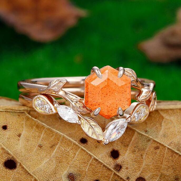 Delicate 1.35 CT Hexagon Cut Art Deco Rose Gold  Leaf Nature Orange Sunstone Bridal Ring Set Leaf Design Band