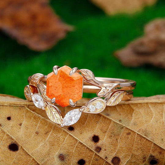 Delicate 1.35 CT Hexagon Cut Art Deco Rose Gold Leaf Nature Orange Sunstone Bridal Ring Set Leaf Design Band - Esdomera