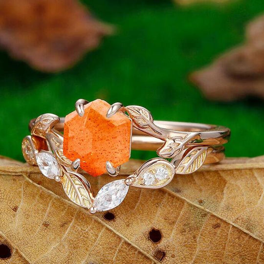 Delicate 1.35 CT Hexagon Cut Art Deco Rose Gold  Leaf Nature Orange Sunstone Bridal Ring Set Leaf Design Band