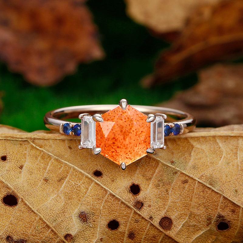 Delicate 1.35 CT Hexagon Cut Orange Sunstone 14k Rose Gold Sapphire Ring - Esdomera