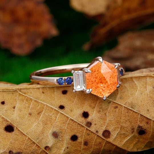 Delicate 1.35 CT Hexagon Cut Orange Sunstone 14k Rose Gold Sapphire Ring - Esdomera