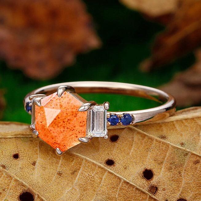 Delicate 1.35 CT Hexagon Cut  Orange Sunstone  14k Rose Gold Sapphire Ring