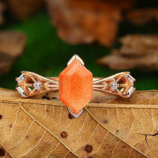 Delicate 14k Solid Rose Gold Hexagon Cut Natural Sunstone Ring