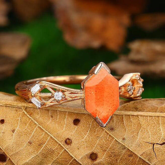 Delicate 14k Solid Rose Gold Hexagon Cut Natural Sunstone Ring