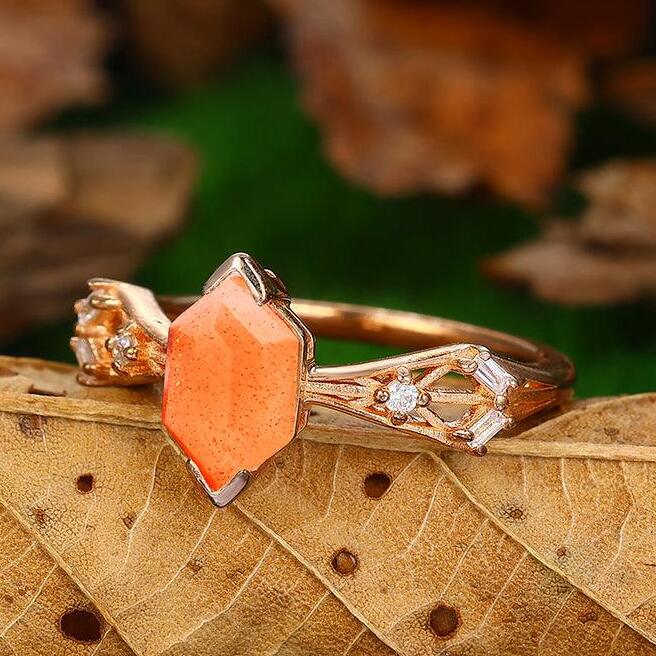 Delicate 14k Solid Rose Gold Hexagon Cut Natural Sunstone Ring