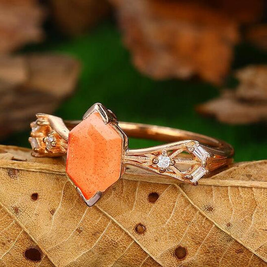 Delicate 14k Solid Rose Gold Hexagon Cut Natural Sunstone Ring