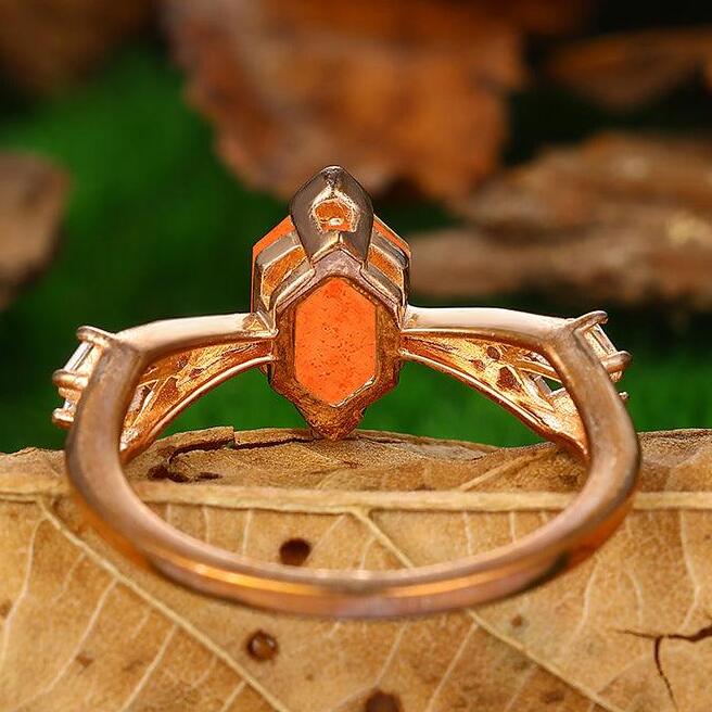 Delicate 14k Solid Rose Gold Hexagon Cut Natural Sunstone Ring