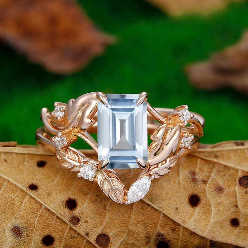 Delicate Emerald Cut 14k Rose Gold Art Deco Leaf Vine and Twig Aqumarine Bridal Ring Set - Esdomera