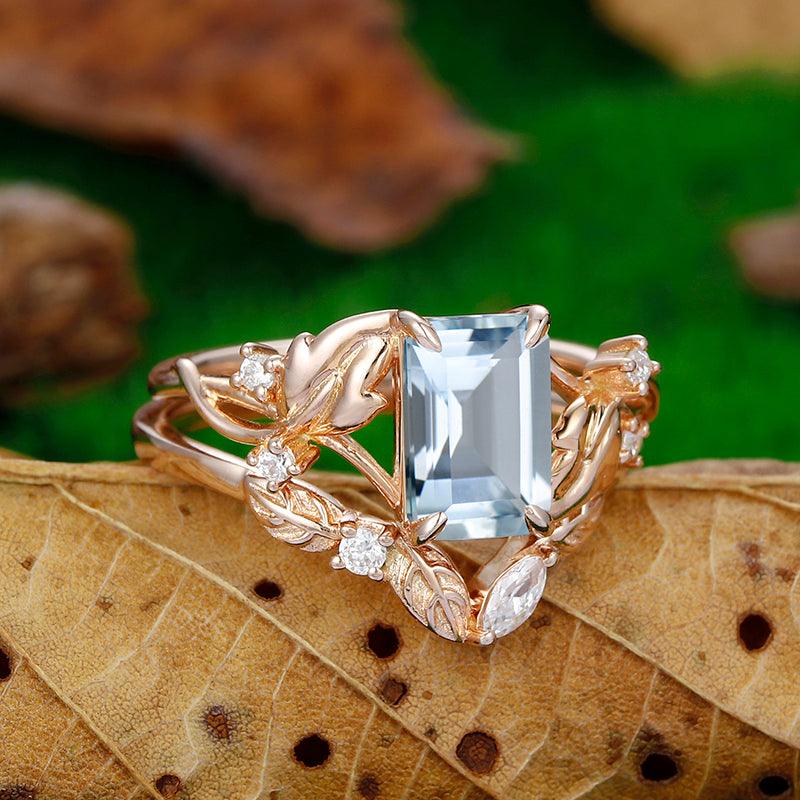Delicate Emerald Cut 14k Rose Gold Art Deco Leaf Vine and Twig Aqumarine Bridal Ring Set - Esdomera