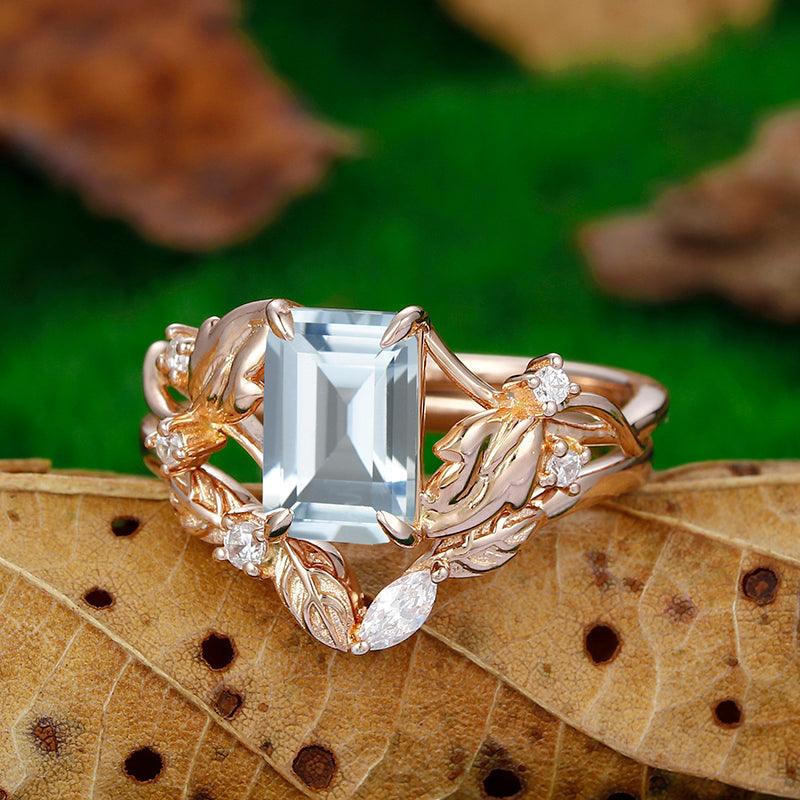 Delicate Emerald Cut 14k Rose Gold Art Deco Leaf Vine and Twig Aqumarine Bridal Ring Set - Esdomera