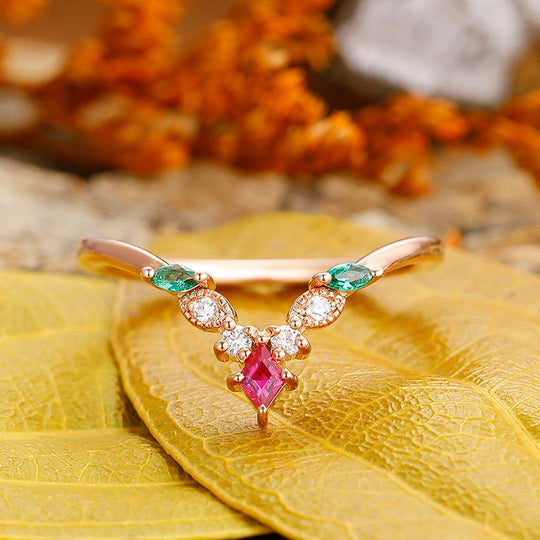 Delicate Rhombus Cut Emerald and ruby leaf curved twisted Matching Silver wedding ring - Esdomera