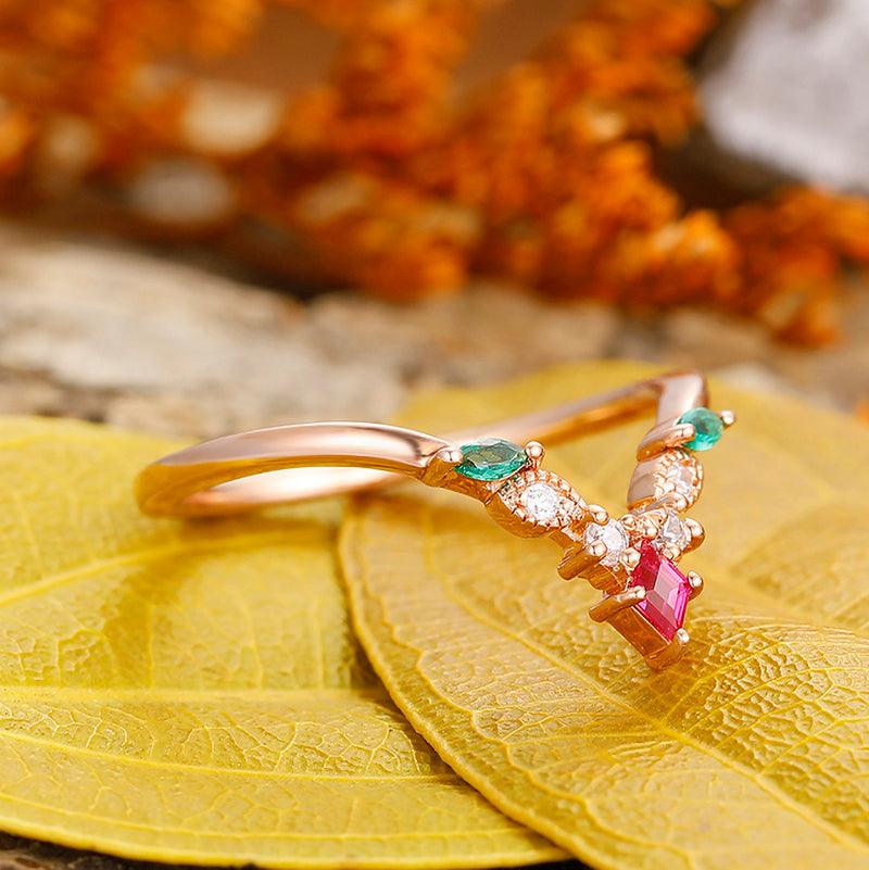 Delicate Rhombus Cut Emerald and ruby leaf curved twisted Matching Silver wedding ring - Esdomera