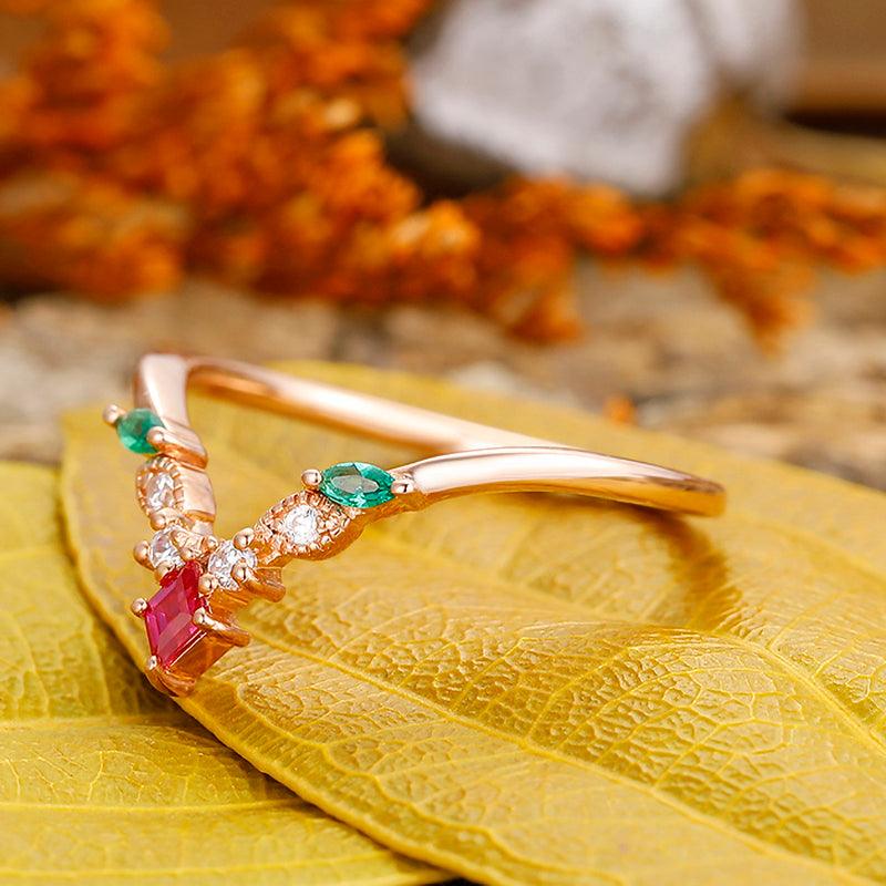 Delicate Rhombus Cut Emerald and ruby leaf curved twisted Matching Silver wedding ring - Esdomera