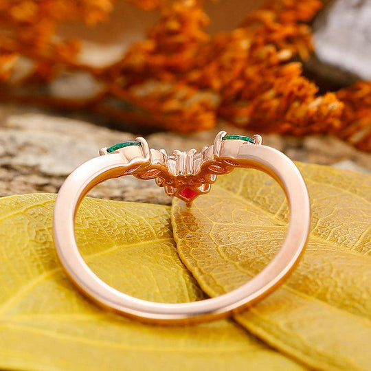 Delicate Rhombus Cut Emerald and ruby leaf curved twisted Matching Silver wedding ring - Esdomera