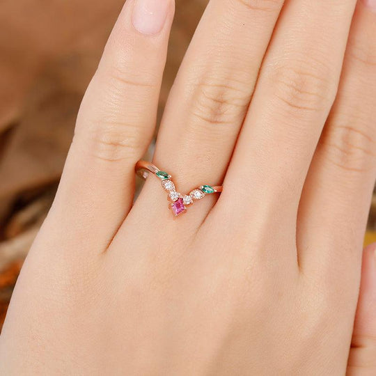 Delicate Rhombus Cut Emerald and ruby leaf curved twisted Matching Silver wedding ring - Esdomera