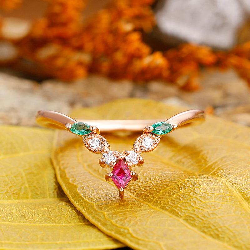 Delicate Rhombus Cut synthetic Emerald and ruby leaf curved twisted Matching Silver wedding ring - Esdomera
