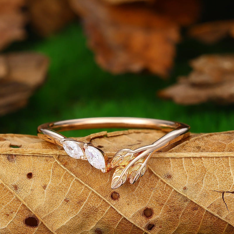 Delicate Wedding Band Rose Gold Marquise Moissanite Curved Band - Esdomera