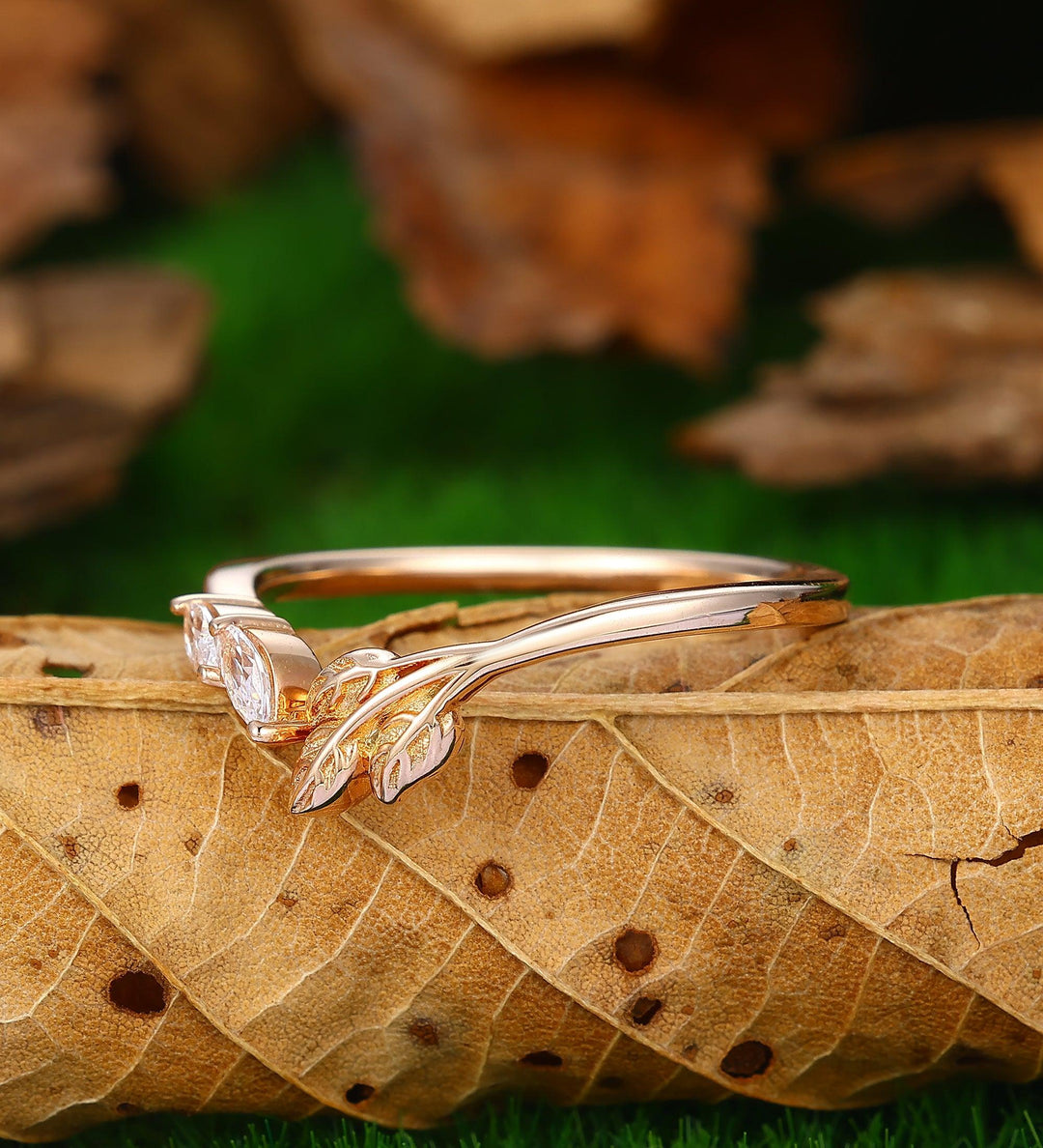 Delicate Wedding Band Rose Gold Marquise Moissanite Curved Band - Esdomera