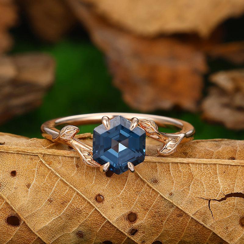 Delicated 1.35CT Hexagon Cut London blue topaz leaf curved solitaire ring - Esdomera