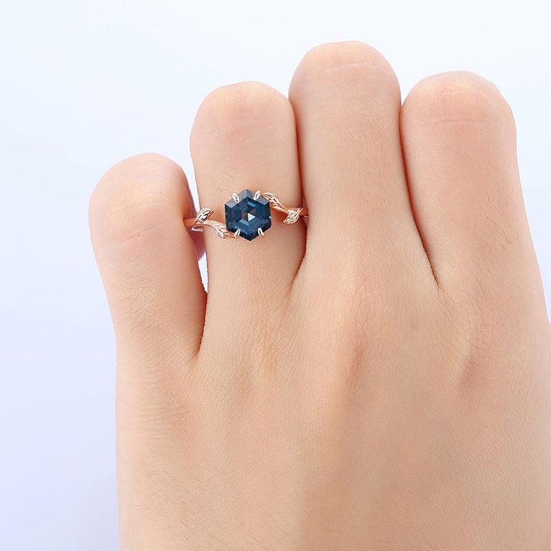 Delicated 1.35CT Hexagon Cut London blue topaz leaf curved solitaire ring - Esdomera